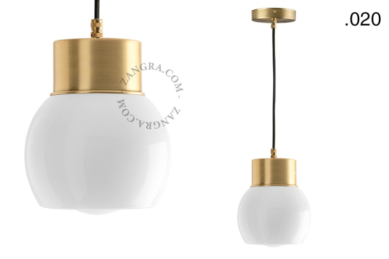 Brass pendant light with glass shade.