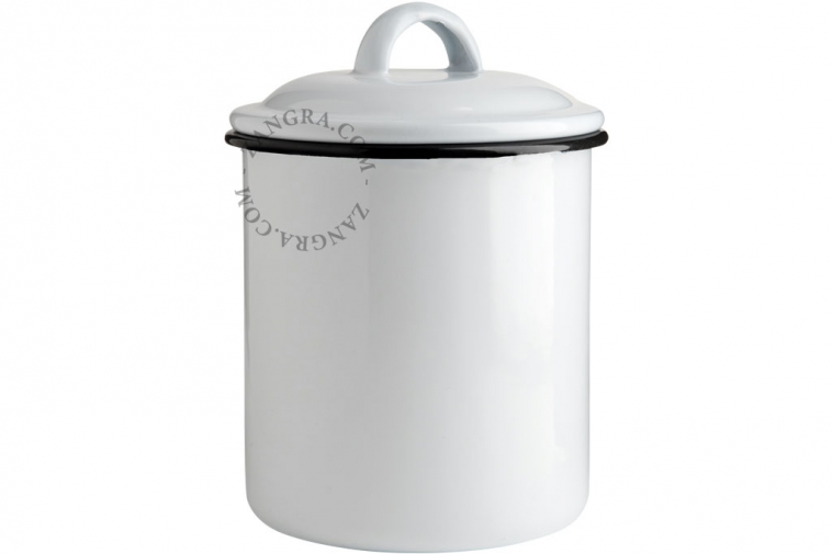 Pot with lid in white enamel.