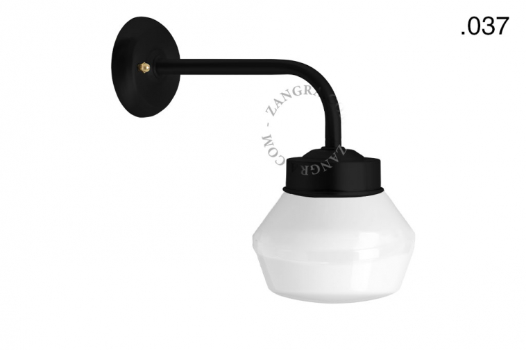 black retro wall light with glass globe for bathroom or outdoor use