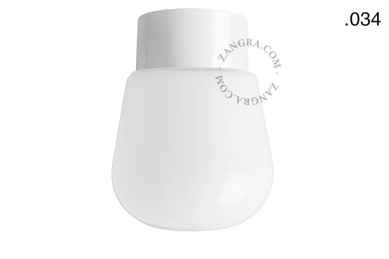 White ceiling light with glass shade.
