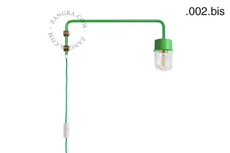 Green wall lamp with swing arm.