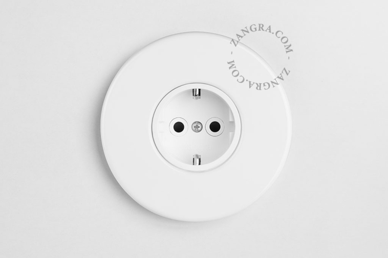 Round white porcelain flush mount outlet.
