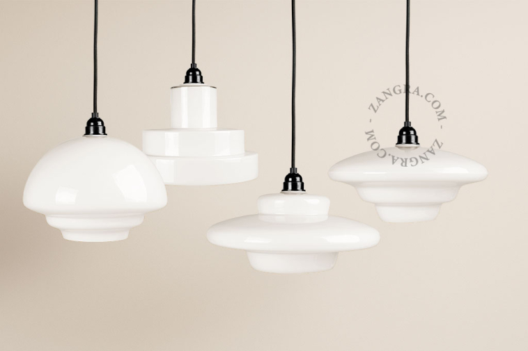 Art Deco pendant light with opal glass lampshade.