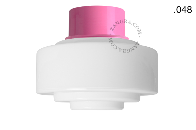 Pink ceiling light with glass shade.