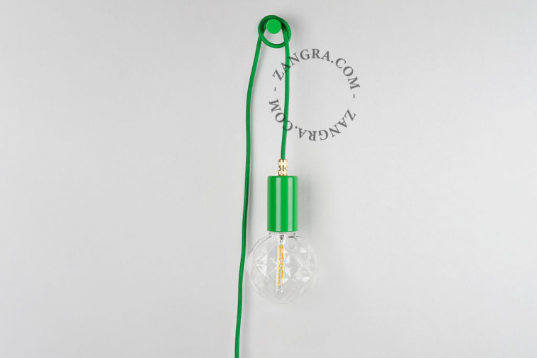 Green plug-in pendant light with switch and plug.