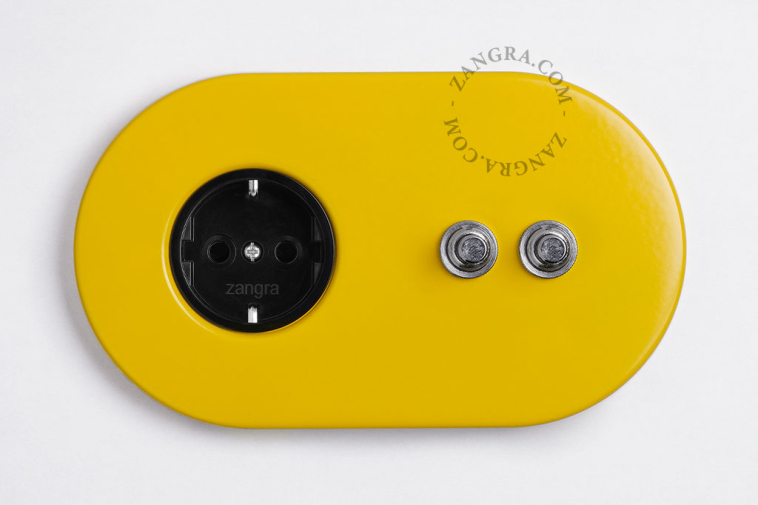 yellow wall outlet with double switch - nickel-plated pushbuttons