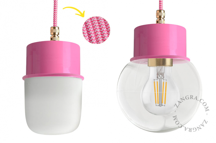 Pink pendant light with glass shade.