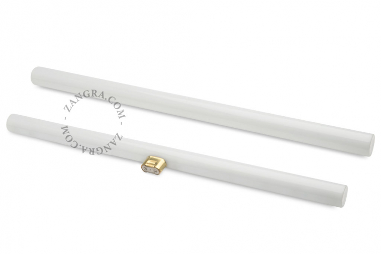 Lampe S14d Linestra chromé avec ampoule tubulaire opaline.