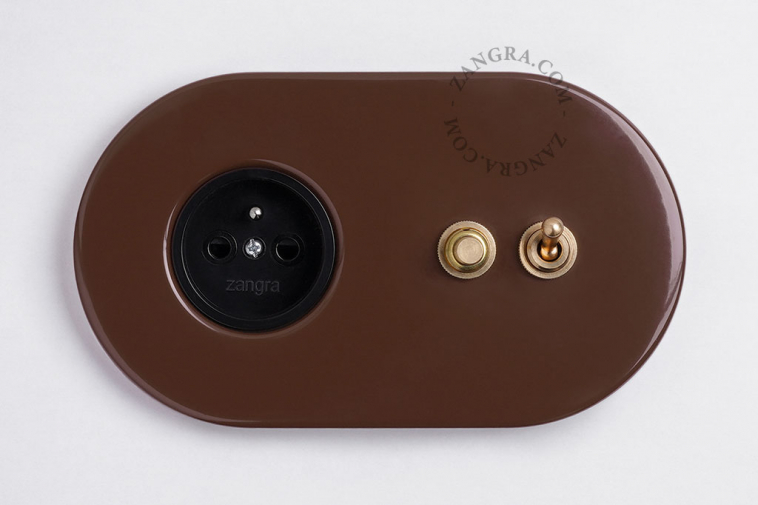 brown flush mount outlet & two-way or simple switch – raw brass toggle & pushbutton