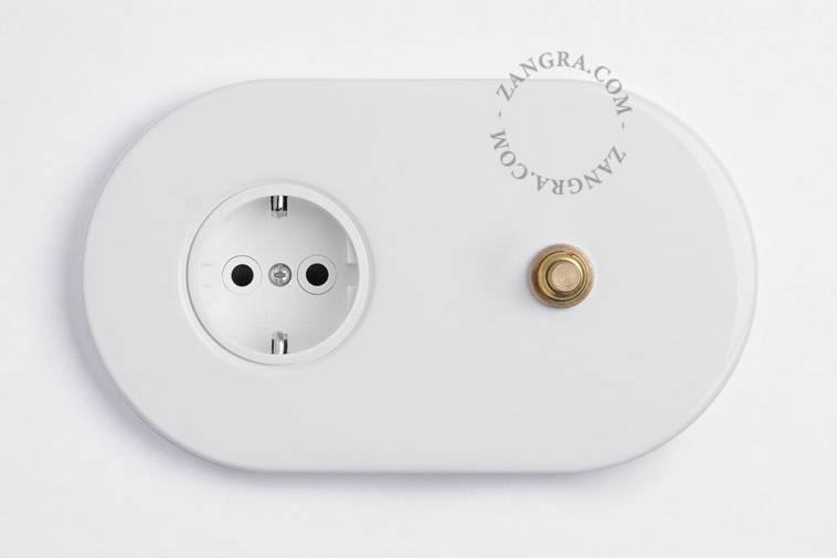 white flush mount outlet & switch – raw brass pushbutton