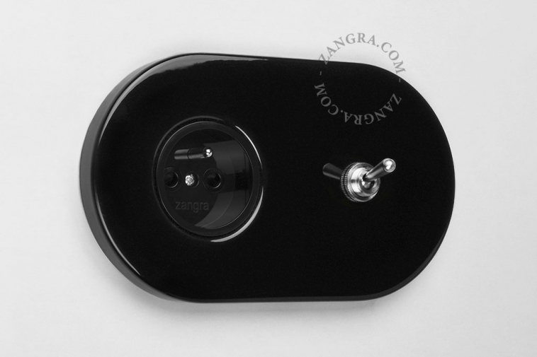 black flush mount outlet & two-way or simple switch – nickel-plated toggle