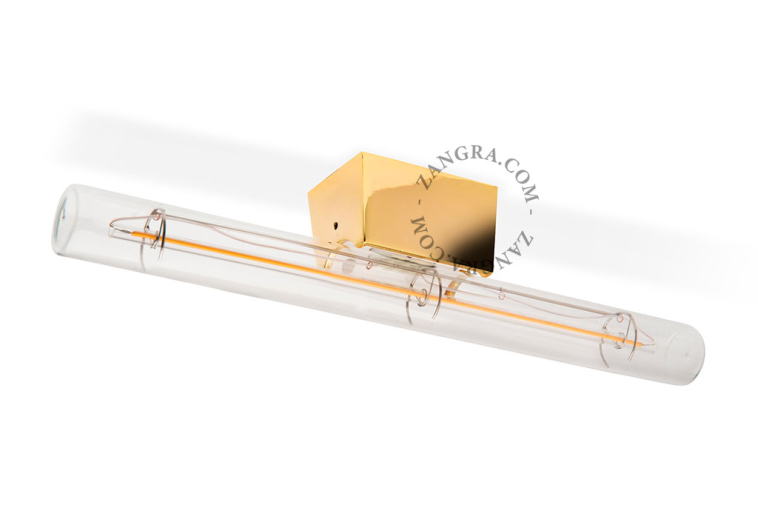 Lampe S14d Linestra dorée avec ampoule tubulaire transparente.