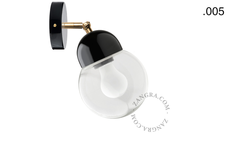 Black porcelain adjustable wall light with glass shade.