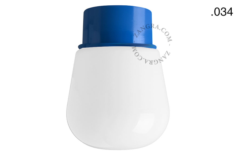 Blue ceiling light with glass shade.