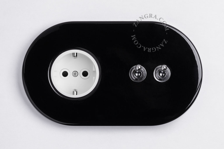 Black flush mount outlet & switch with nickel-plated toggles.