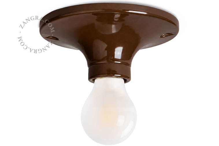 Rund lampe i brunt porcelæn.