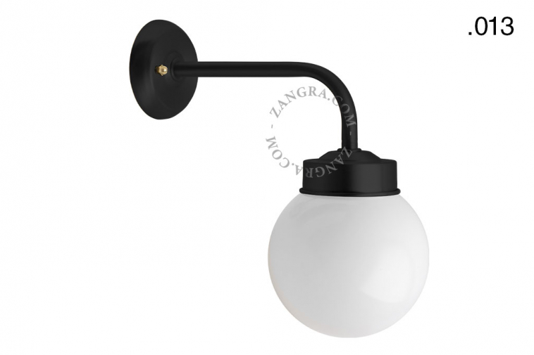 Black retro wall light with glass globe for bathroom or outdoor use.