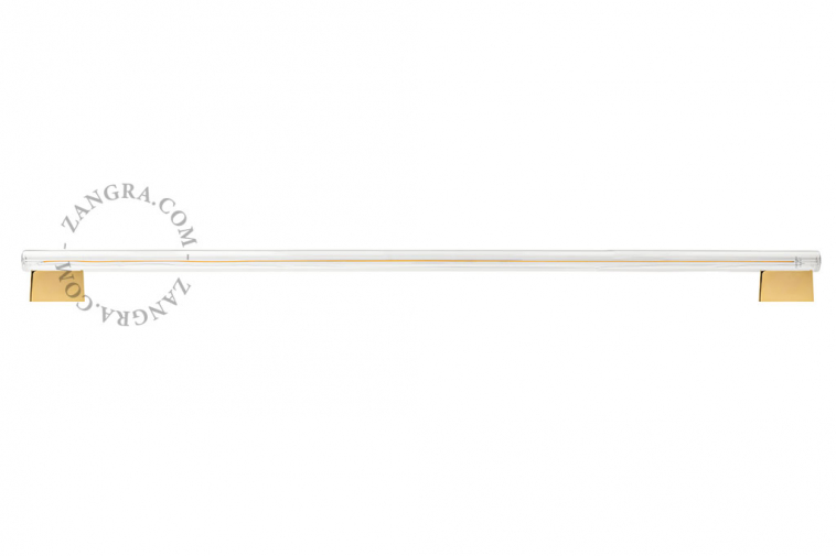 Lampe S14s tubulaire Linestra dorée avec ampoule transparente.