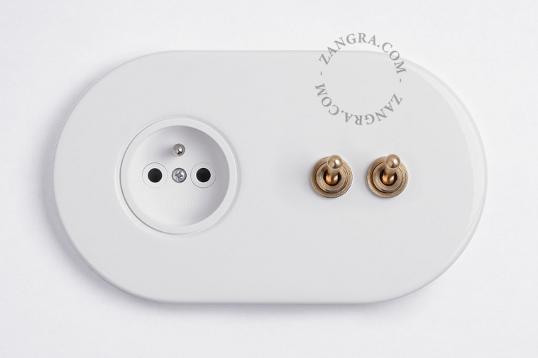 white flush mount outlet & two-way or simple switch – double raw brass toggle