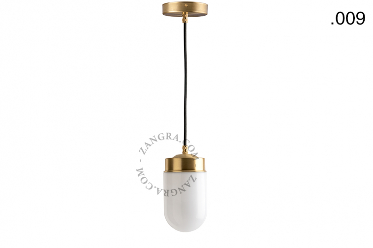 Brass pendant light with glass shade.