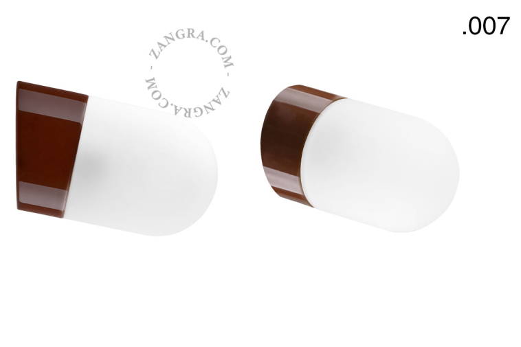 Brown porcelain wall light with glass lampshade.