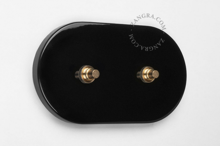 Black switch with 2 brass pushbuttons.