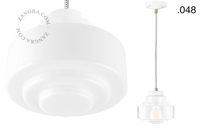 Art Deco-pendellampe i hvidt porcelæn.