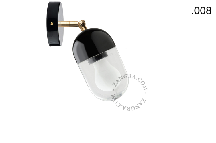 Black porcelain adjustable wall light with glass shade.