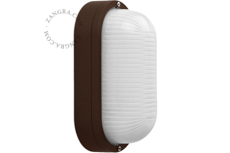 Brązowa lampa typu bulkhead.