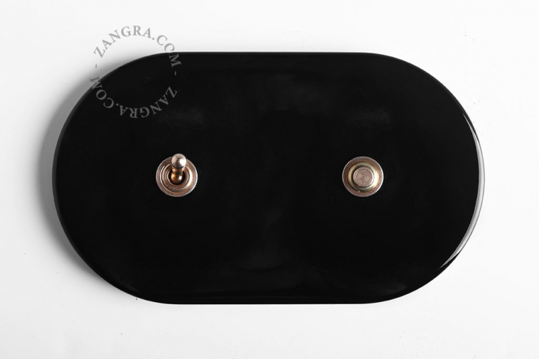 Black switch with one brass pushbutton and one brass lever.