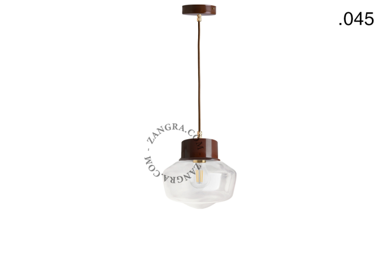 Brown pendant light with glass shade.