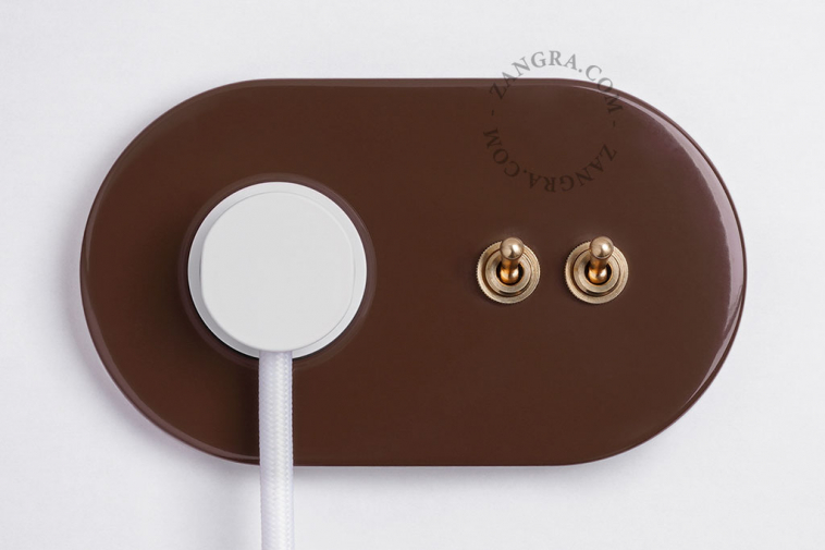 brown flush mount outlet & two-way or simple switch – double raw brass toggle