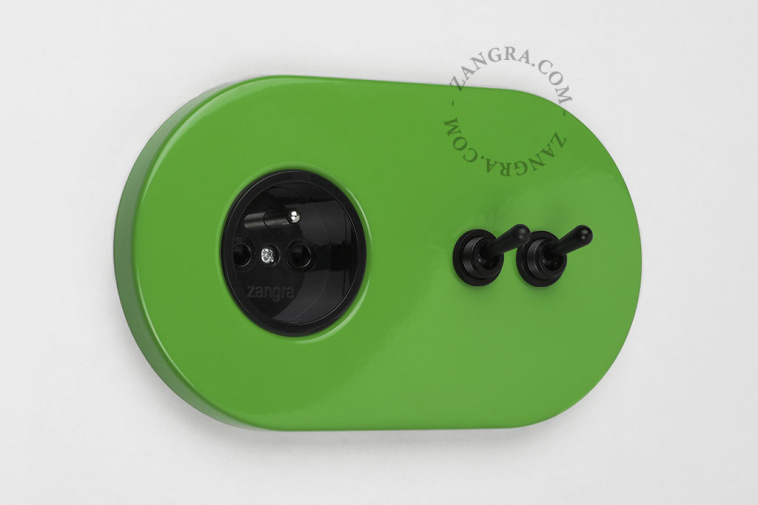 green flush mount outlet & two-way or simple switch – double black toggle