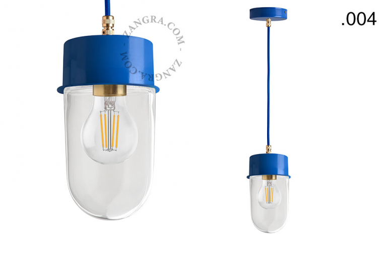 blue pendant light with glass shade