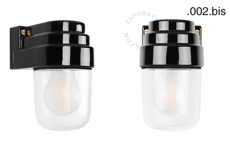 Art Deco sort porcelæn væglampe.