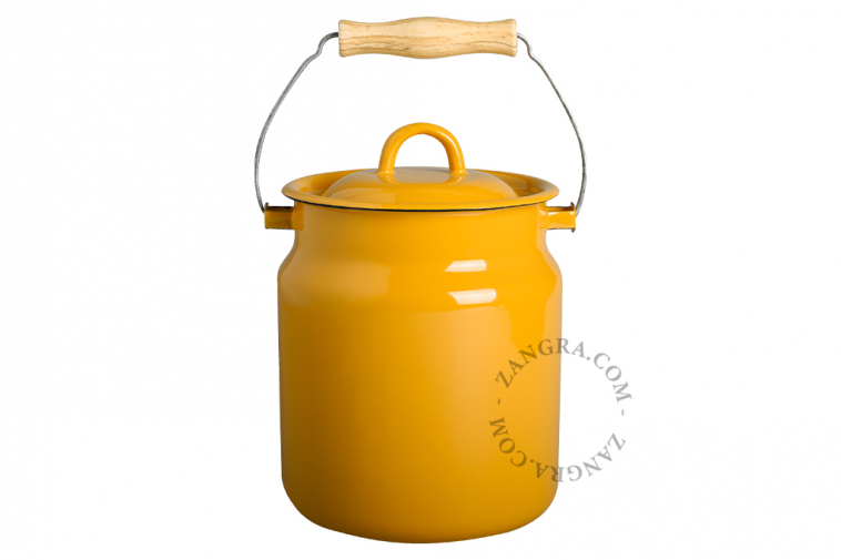 Small compost bin in mustard yellow enamel