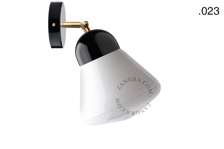 Black porcelain adjustable wall light with glass shade.