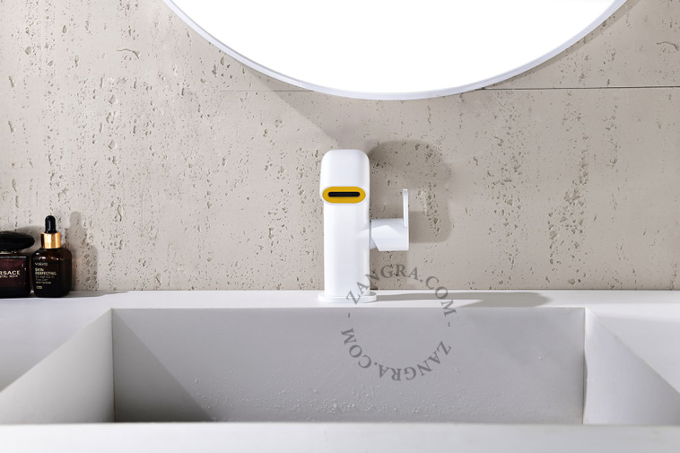Colourful single-lever basin mixer.