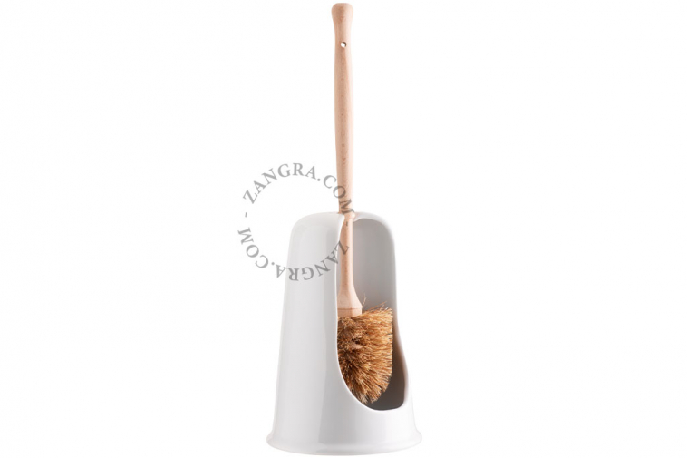 White porcelain toilet brush holder with a beechwood brush.
