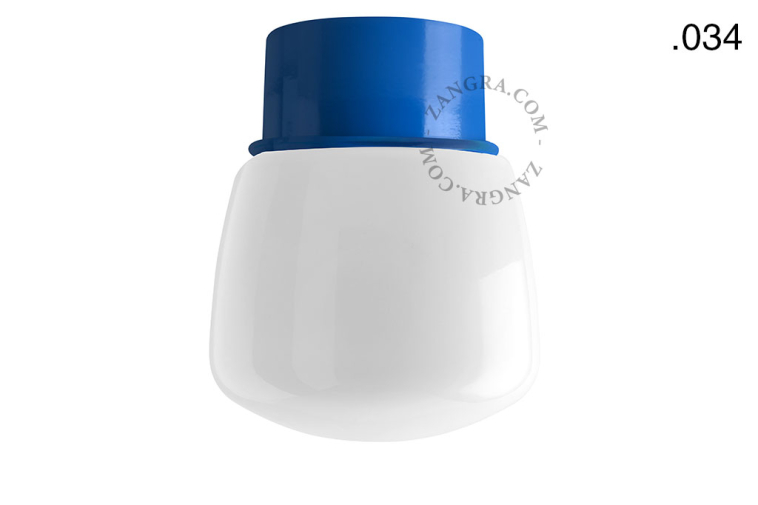 Blue ceiling light with glass shade.