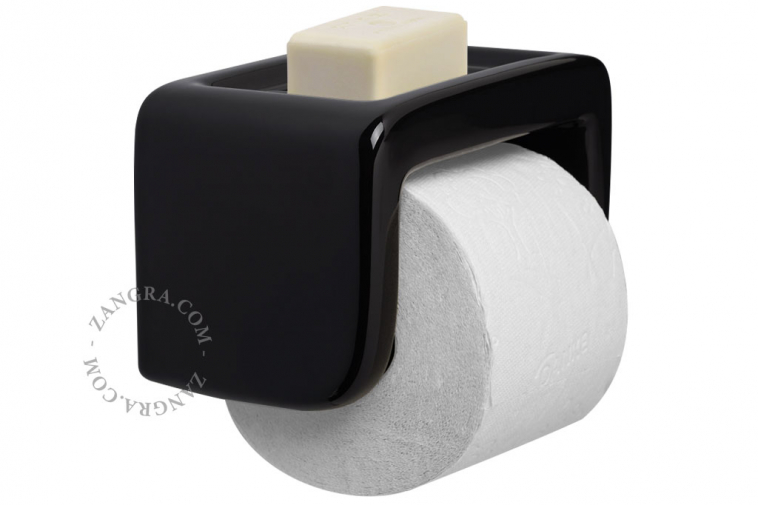Black porcelain toilet paper dispenser with soap holder