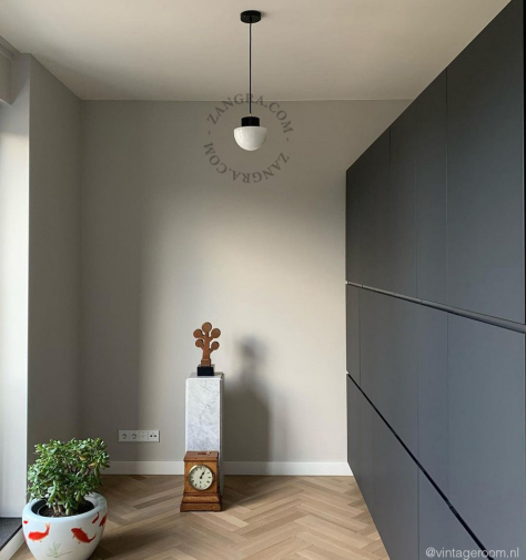 Black pendant light with glass shade.