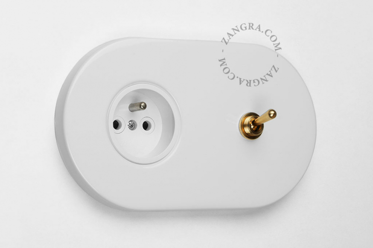 white flush mount outlet & two-way or simple switch – raw brass toggle