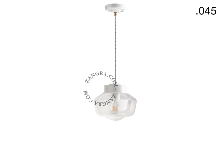 White porcelain pendant light with glass shade.