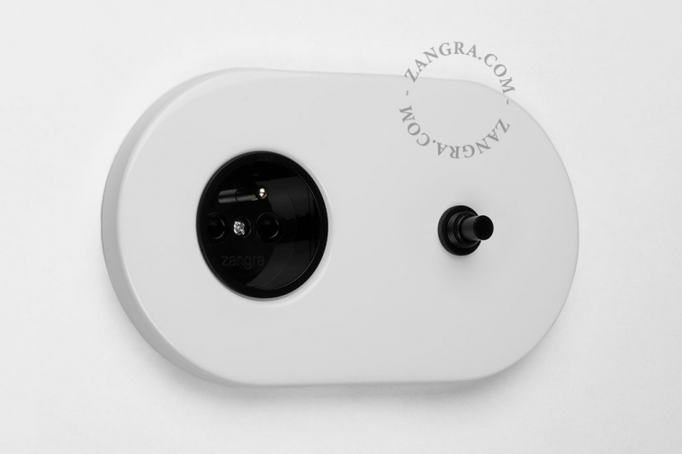 white flush mount outlet & switch – black pushbutton
