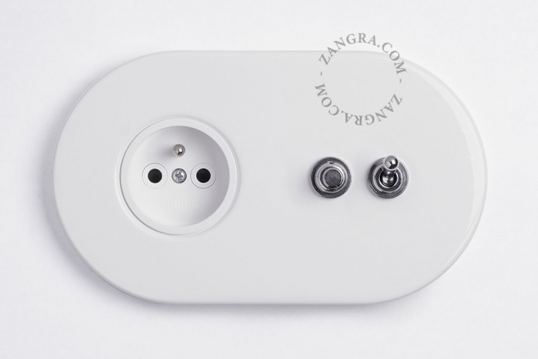 white flush mount outlet & two-way or simple switch – nickel-plated toggle & pushbutton