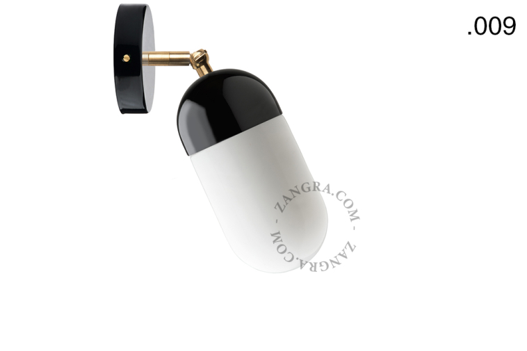 Black porcelain adjustable wall light with glass shade.