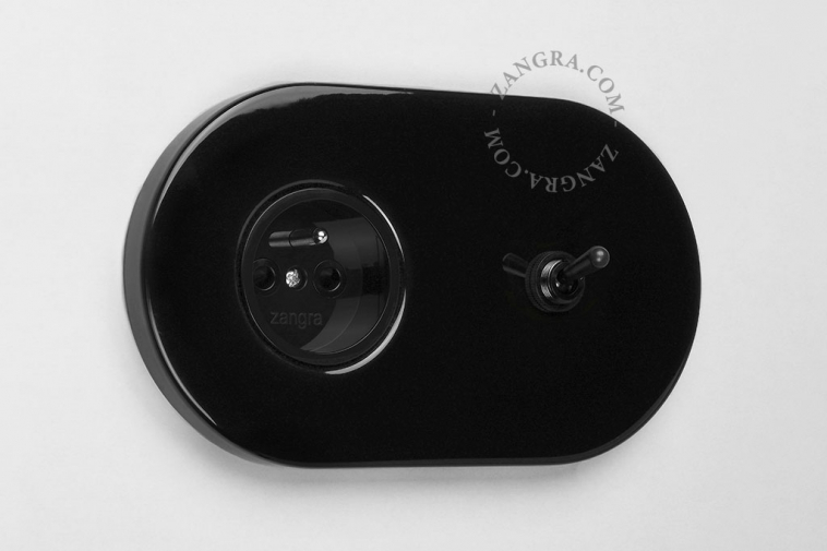 Black flush mount outlet & light switch with black toggle.