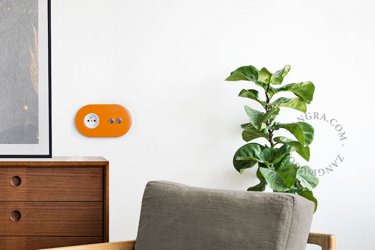 orange wall outlet with double switch - nickel-plated pushbuttons