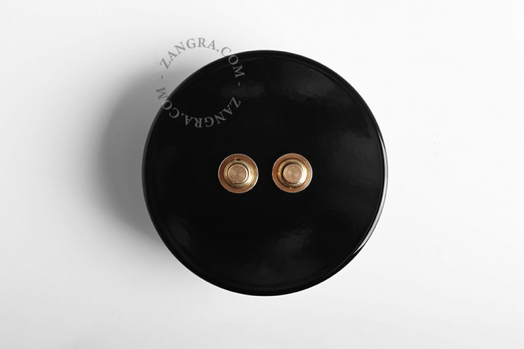 Round black light switch with 2 brass toggles.